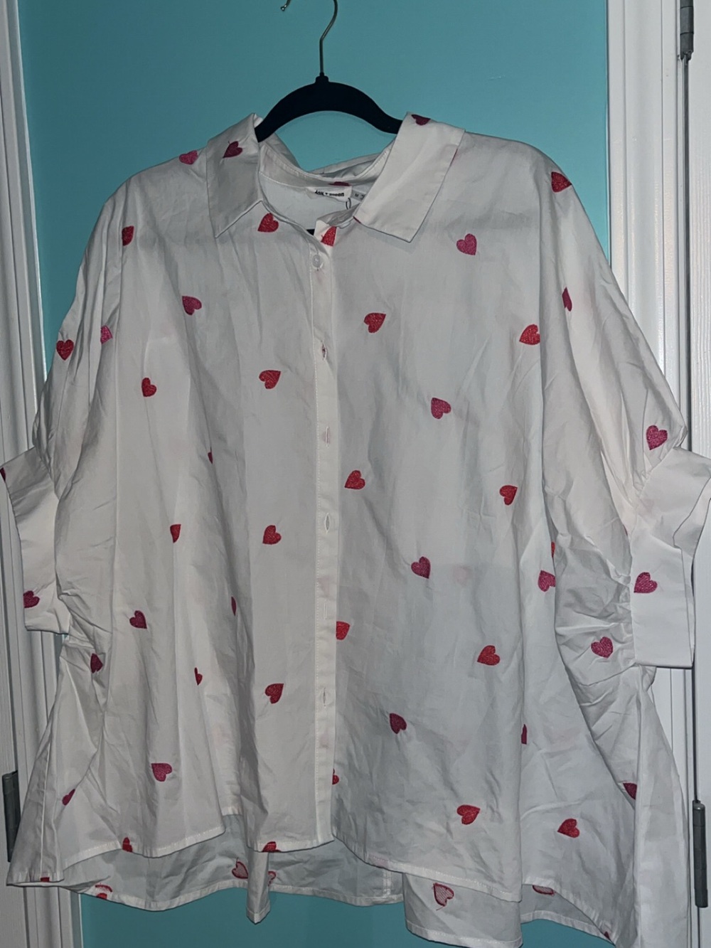 Womens White Button-Up Shirt with Red Heart Print